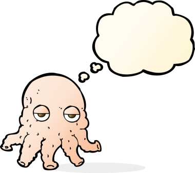 Bir insan tarafından çizilmiş düşünce baloncuklu uzaylı mürekkep balığı yüzü.