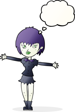 Bir insan tarafından çizilmiş düşünce balonlu vampir kız.