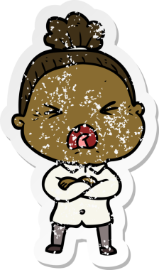 Bir insan tarafından çizilmiş kızgın yaşlı bir kadının sıkıntılı çıkartması.