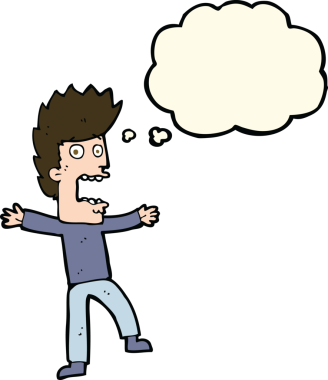 Bir insan tarafından çizilmiş düşünce baloncuğuyla dehşete düşmüş bir adam.