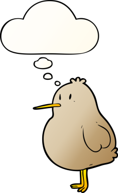 Düşünce baloncuğu olan karikatür kivi kuşu bir insan tarafından çizilmiş.