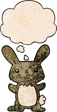 Bir insan tarafından çizilmiş grunge desenli düşünce baloncuklu şirin çizgi film tavşanı.