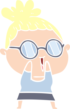 Düz renkli çizgi film karakteri utangaç kadın bir insan tarafından çizilmiş gözlük takıyor.