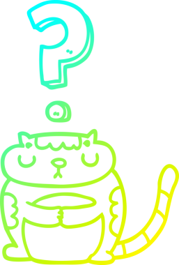 Bir insan tarafından çizilmiş soru işareti olan çizgi film kedisinin soğuk gradyan çizgisi.