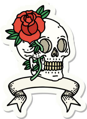 Bir insan tarafından çizilmiş kafatası ve gül şeklinde dövme stili.