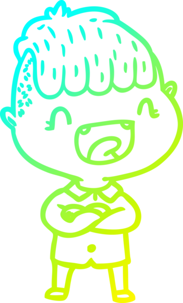 Bir çizgi film karakteri çizen soğuk gradyalı mutlu çocuk bir insan tarafından çizilmiş.