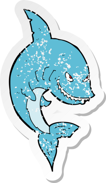 Bir insan tarafından çizilmiş komik bir karikatür köpekbalığının tedirgin edilmiş retro etiketi