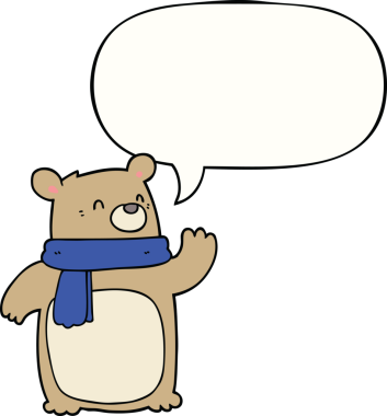 Bir insan tarafından çizilmiş konuşma balonlu eşarp takan çizgi film ayısı.