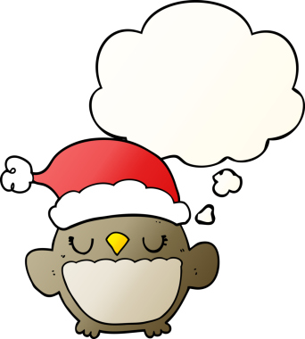 Bir insan tarafından çizilmiş yumuşak eğimli düşünce baloncuklu şirin noel baykuşu.