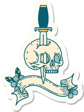 Bir insan tarafından çizilmiş kafatasının pankartıyla dövme stili etiketi