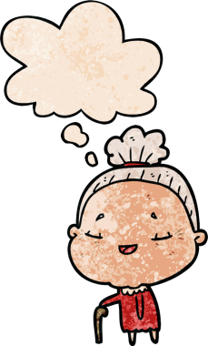 Bir insan tarafından çizilmiş grunge desenli düşünce baloncuğu olan yaşlı kadın çizgi filmi.