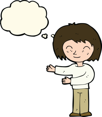 Bir insan tarafından çizilmiş düşünce balonuyla el kol hareketi yapan karikatür kadını.