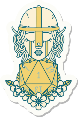 Hüzünlü bir elf savaşçı karakterinin çıkartması. Bir insan tarafından çizilmiş doğal bir d20 rulo.