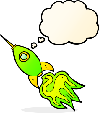 Bir insan tarafından çizilmiş düşünce baloncuklu uzay roketi.