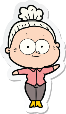 Bir insan tarafından çizilmiş mutlu yaşlı bir kadının çıkartması.