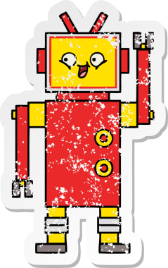 Bir insan tarafından çizilmiş sevimli bir robot çizgi film çıkartması.