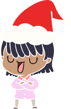 Bir insan tarafından çizilmiş Noel Baba şapkası takan bir kadının düz renkli çizimi.