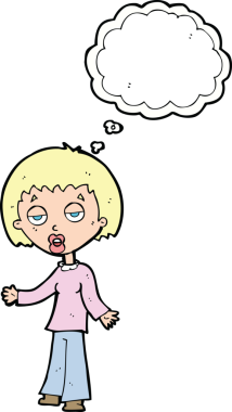 Bir insan tarafından çizilmiş düşünce baloncuğu olan yorgun bir kadın.