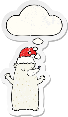 Düşünce baloncuğu olan şirin bir çizgi film Noel ayısı. Bir insan tarafından çizilmiş yıpranmış bir çıkartma.