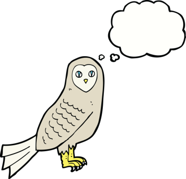 Bir insan tarafından çizilmiş düşünce baloncuklu çizgi film baykuşu