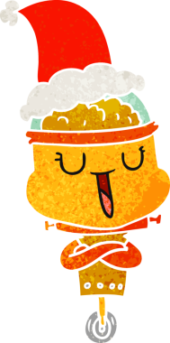 Bir insan tarafından çizilmiş Noel Baba şapkası takan bir robotun çizdiği mutlu el çizimi