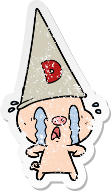 Bir insan tarafından çizilmiş şapkalı ağlayan bir domuzun sıkıntılı çıkartması.