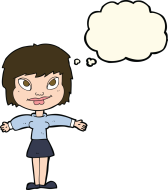 Bir insan tarafından çizilmiş düşünce baloncuğu ile açık amrs çizgi film kadını