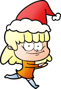 Bir insan tarafından çizilmiş Noel Baba şapkası giymiş gülümseyen bir kadının el çizimi karikatürü.