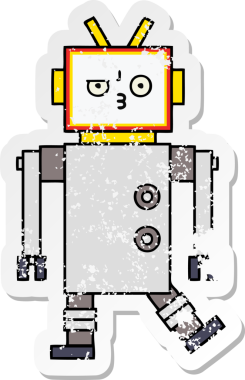 Bir insan tarafından çizilmiş sevimli bir robot çizgi film çıkartması.