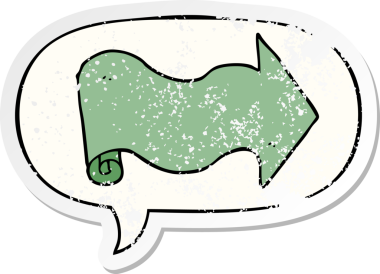 Konuşma baloncuğu olan çizgi film oku bir insan tarafından çizilmiş sıkıntılı eski bir çıkartma