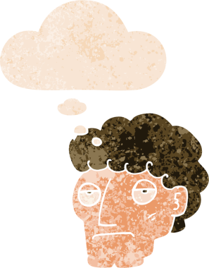 Bir insan tarafından çizilmiş grunge sıkıntılı retro stil düşünce baloncuğu ile çizgi film sıkılmış adam