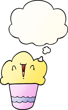 Yüzünde düşünce kabarcığı olan, bir insan tarafından çizilmiş karikatürlü kek.
