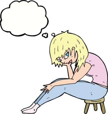 Bir insan tarafından çizilmiş düşünce baloncuğuyla küçük bir taburede oturan çizgi film kadını.