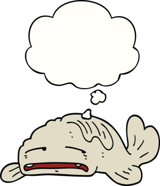 Bir insan tarafından çizilmiş düşünce baloncuğu olan üzgün yaşlı bir balık.