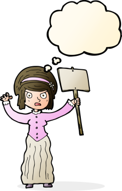 Bir insan tarafından çizilmiş düşünce baloncuğuyla protesto eden vicorian kadın.