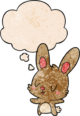 Bir insan tarafından çizilmiş grunge desenli düşünce baloncuklu şirin çizgi film tavşanı.