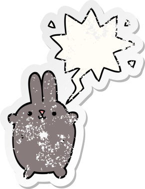 Konuşma baloncuğu olan çizgi film tavşanı bir insan tarafından çizilmiş sıkıntılı eski bir çıkartma
