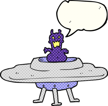 Bir insan tarafından çizilmiş uçan dairedeki uzaylı çizgi film karakteri.