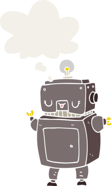 Düşünce baloncuğu olan karikatür robotu insan tarafından çizilmiş.