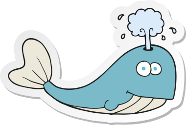 Bir insan tarafından çizilmiş su püskürten bir karikatür balinasının etiketi.