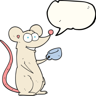 Bir insan tarafından çizilmiş bir fincan çayla serbest konuşma balonu çizgi film faresi