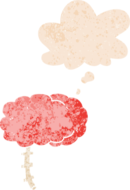 Düşünce baloncuğu ve grunge içerisindeki karikatür beyni insan tarafından çizilmiş gerilimli retro stil.