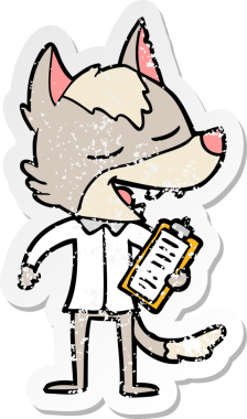 Bir karikatür satıcısının sıkıntılı çıkartması. Bir insan tarafından çizilmiş gülen kurt.