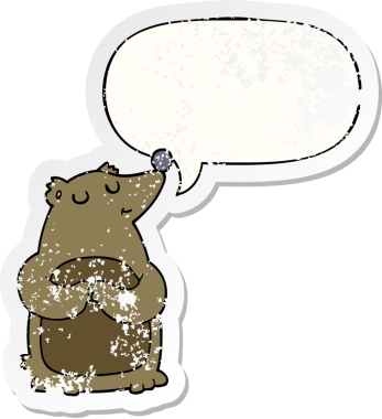 Konuşma baloncuğu olan çizgi film ayısı bir insan tarafından çizilmiş sıkıntılı eski bir çıkartma