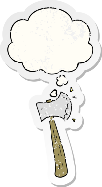 Düşünce baloncuğu olan çizgi film baltası bir insan tarafından çizilmiş yıpranmış bir çıkartma.