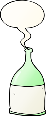 Bir insan tarafından çizilmiş, konuşma baloncuklu çizgi film şişesi.