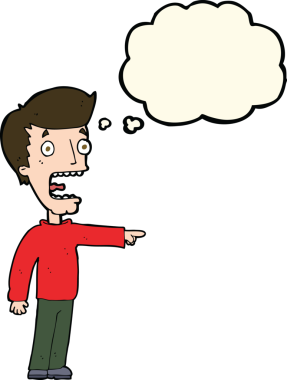 Bir insan tarafından çizilmiş düşünce baloncuğuyla dehşete düşmüş bir adam.