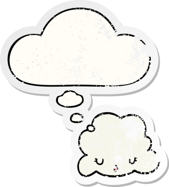 Düşünce baloncuğu olan sevimli çizgi film bulutu bir insan tarafından çizilmiş yıpranmış bir çıkartma gibi.