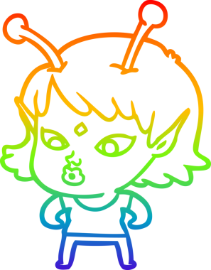 Gökkuşağı gradyan çizgisi bir insan tarafından çizilmiş güzel bir uzaylı kızın çizimi.