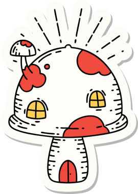 Bir insan tarafından çizilmiş dövme stili mantar evi çıkartması.